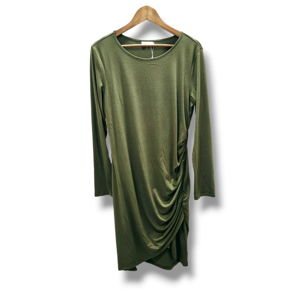 Coolme Olive Green Long Sleeve Ruched Knit Maternity Dress | XL
